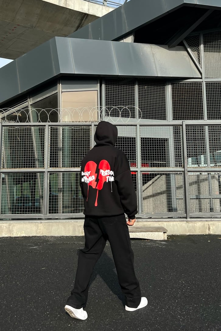 Right Wrong Baskılı Siyah Oversize Hoodie