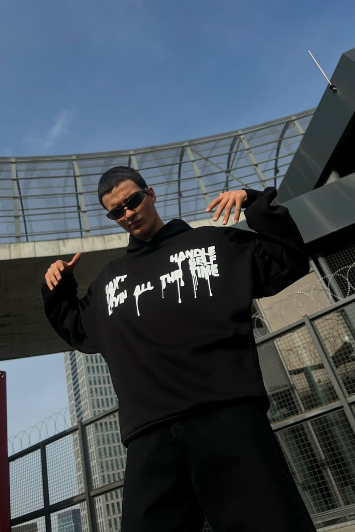 Right Wrong Baskılı Siyah Oversize Hoodie