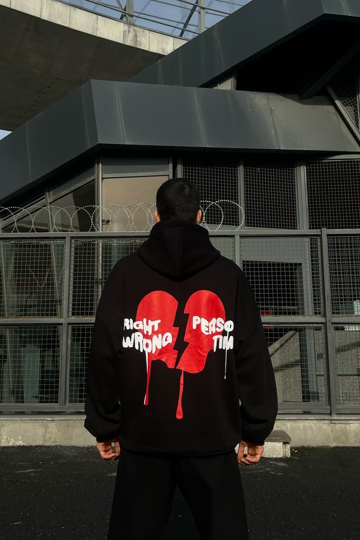 Right Wrong Baskılı Siyah Oversize Hoodie