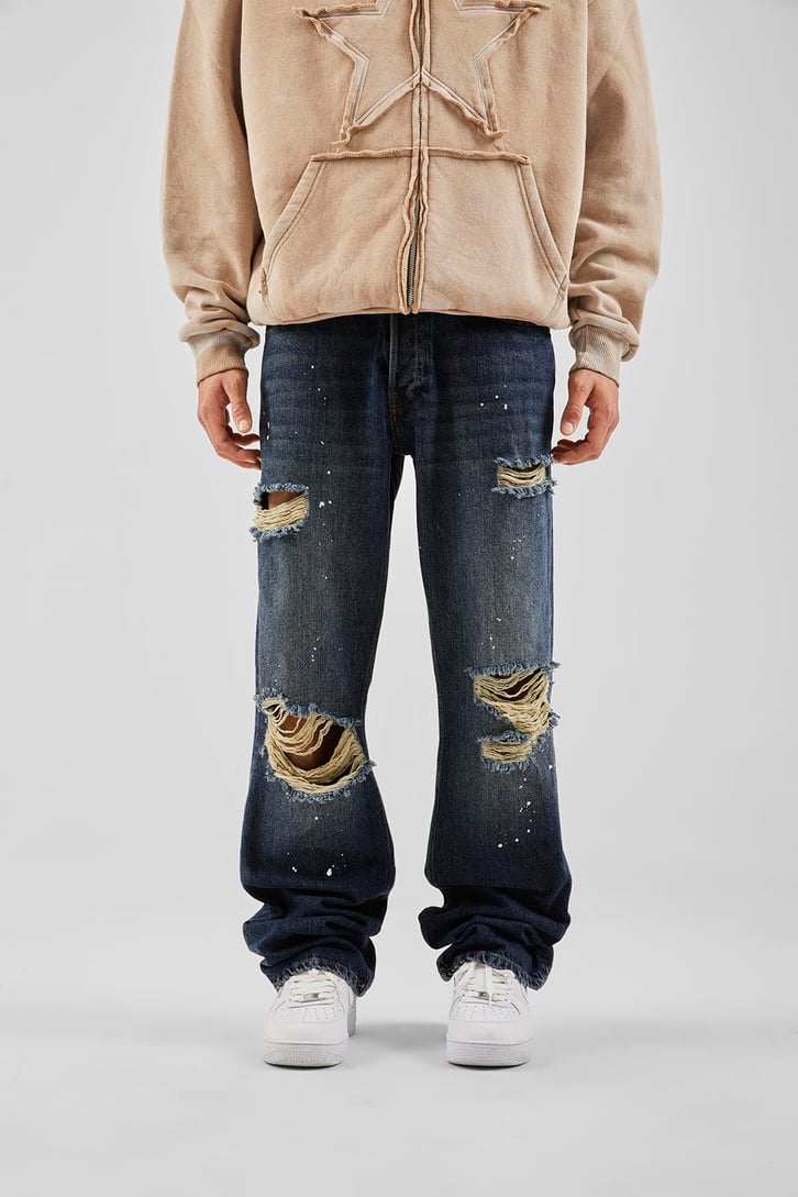Ripped Boya Detaylı Koyu Mavi Baggy Jean