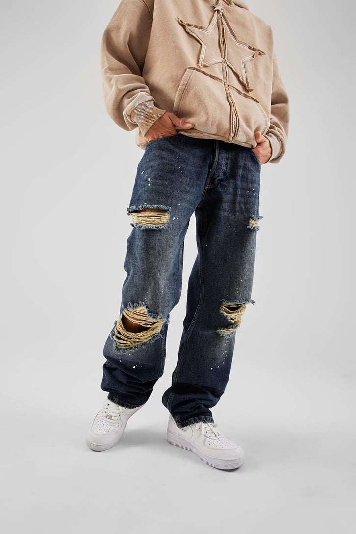 Ripped Boya Detaylı Koyu Mavi Baggy Jean
