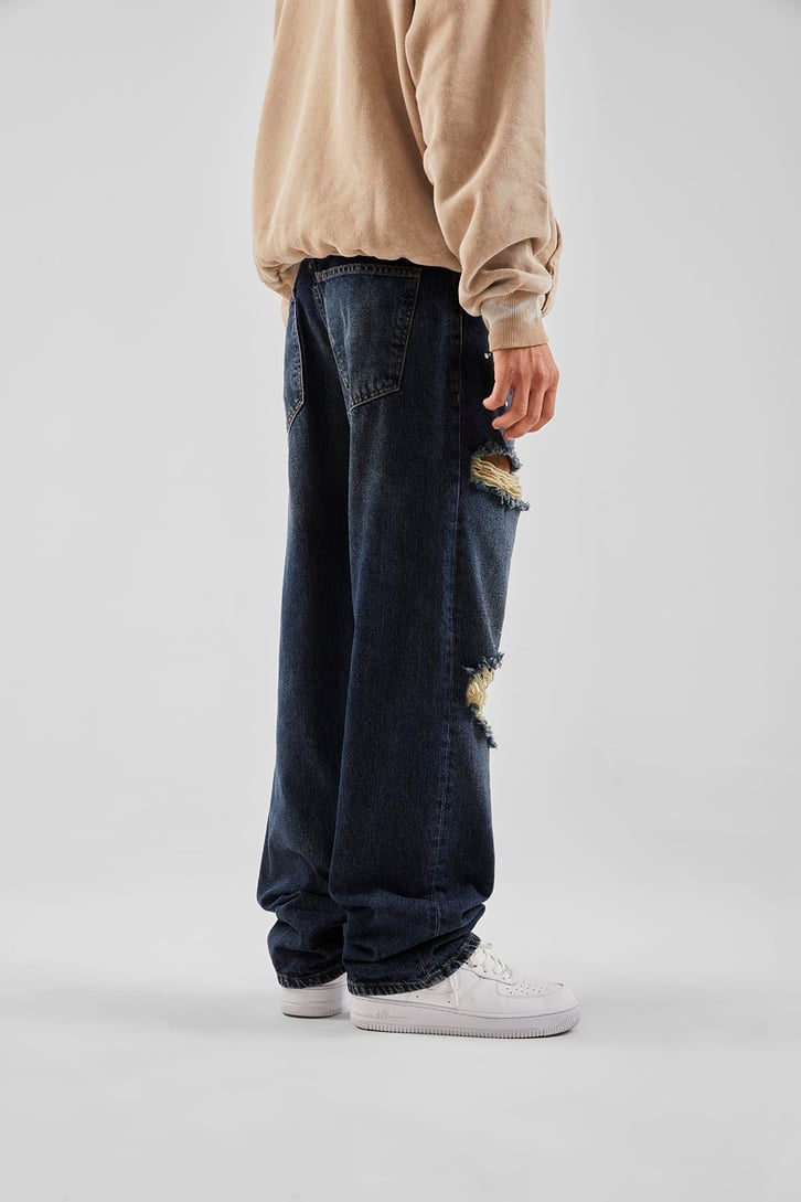 Ripped Boya Detaylı Koyu Mavi Baggy Jean