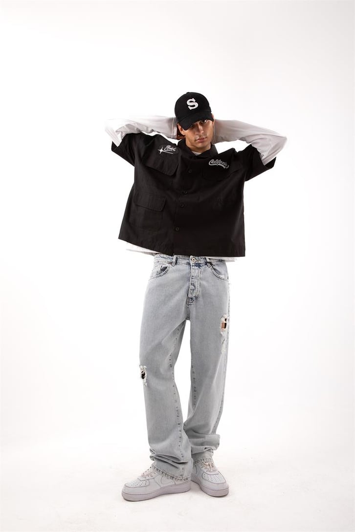Ripped Detail Açık Mavi Baggy Jean