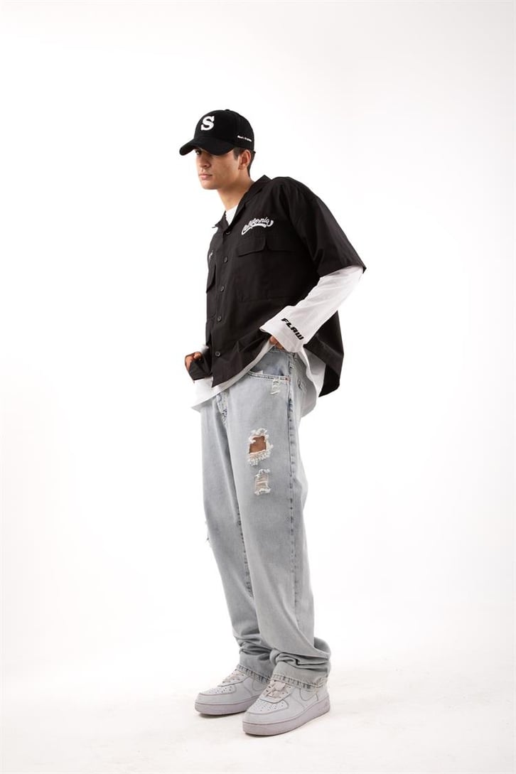 Ripped Detail Açık Mavi Baggy Jean