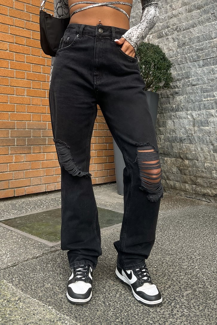 Ripped Detail Antrasit Baggy Jean