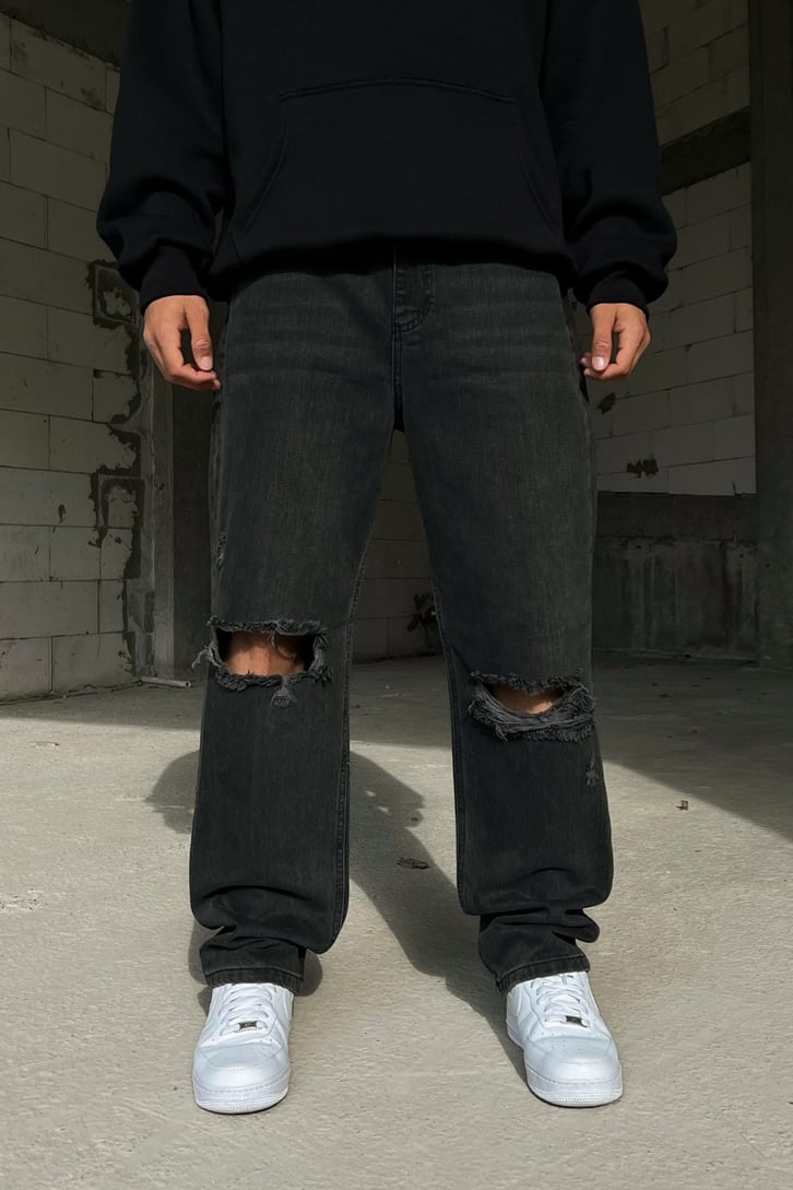 Ripped Detail Antrasit Baggy Jean