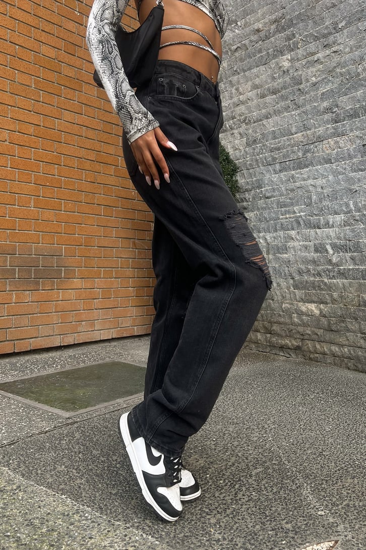 Ripped Detail Antrasit Baggy Jean