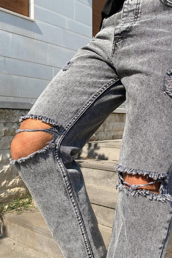 Ripped Detail Antrasit Mom Fit Jean