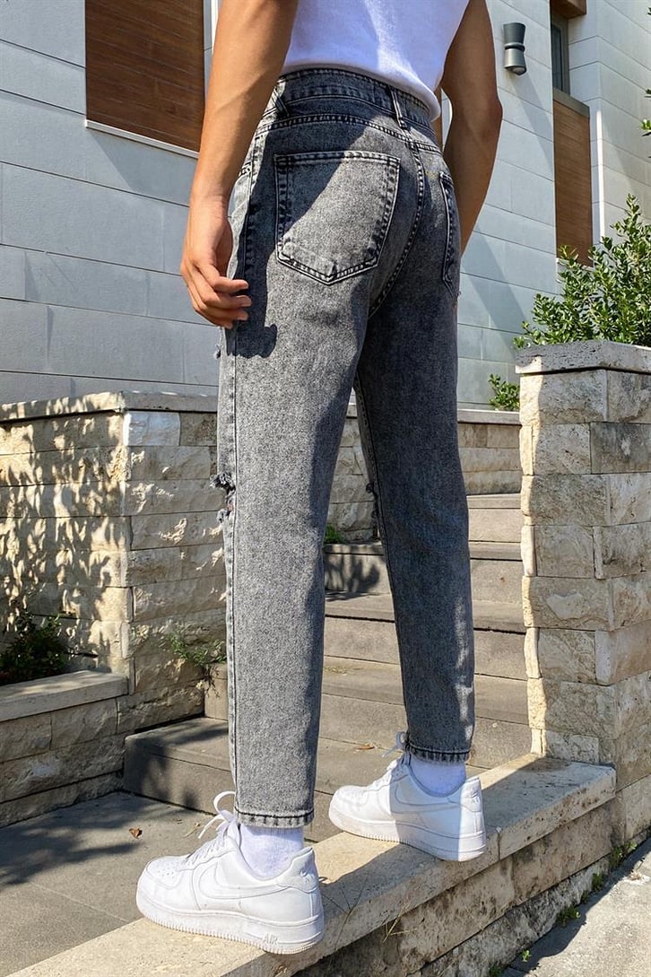 Ripped Detail Antrasit Mom Fit Jean