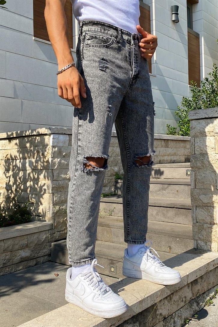 Ripped Detail Antrasit Mom Fit Jean