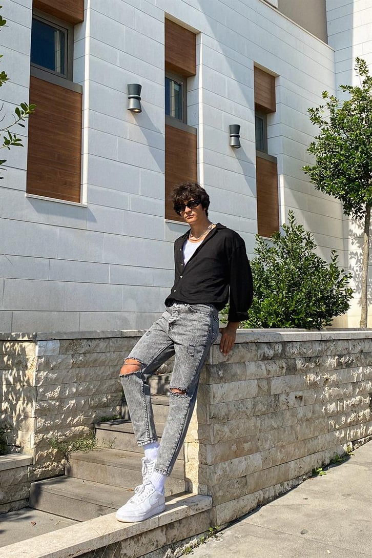 Ripped Detail Antrasit Mom Fit Jean