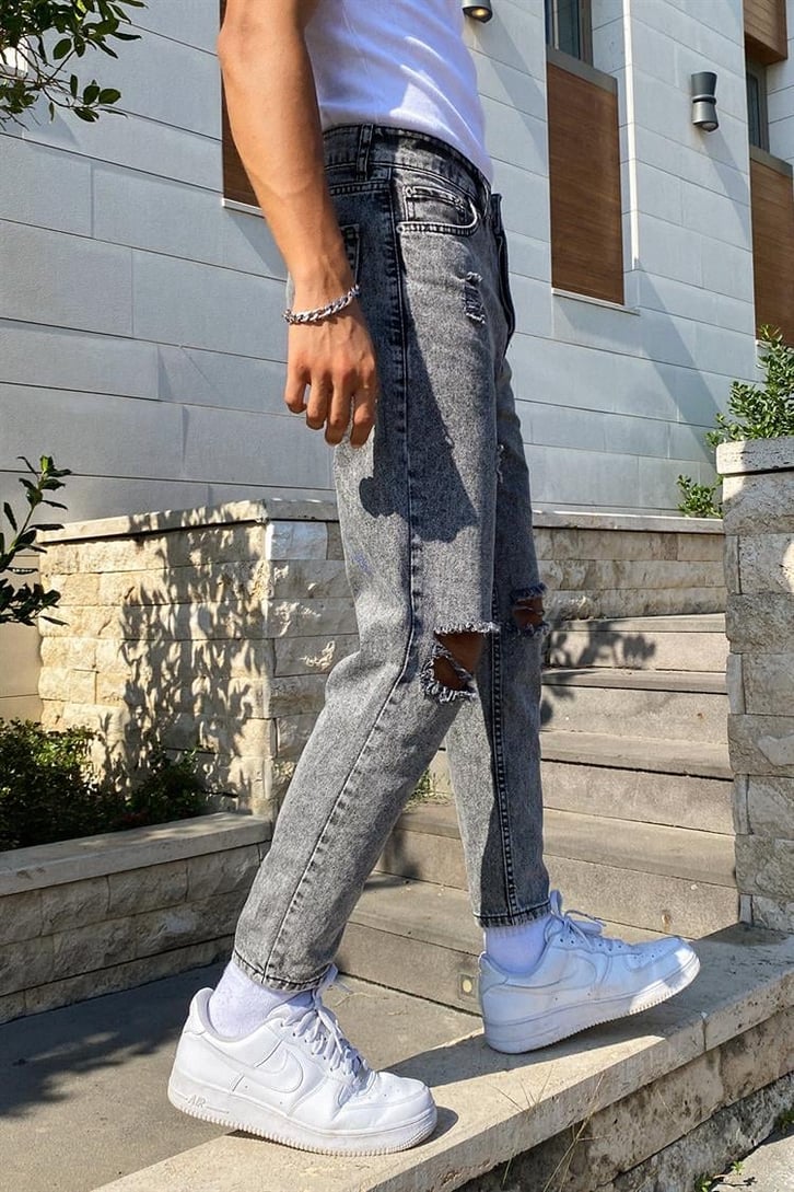 Ripped Detail Antrasit Mom Fit Jean
