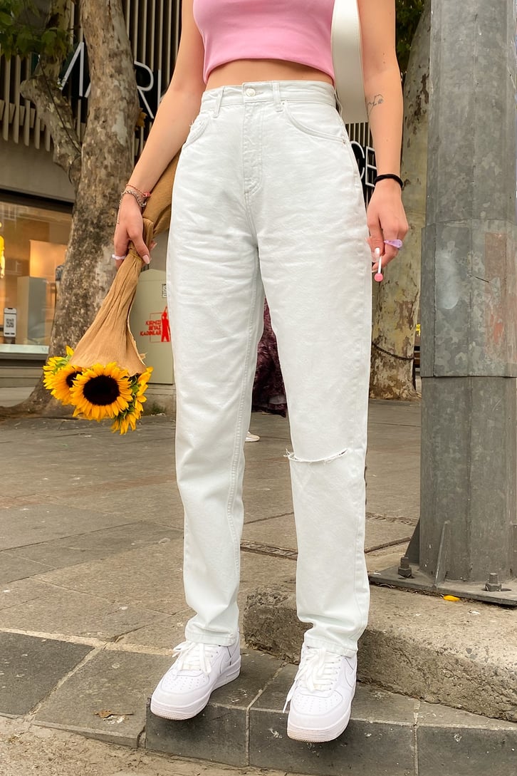 Ripped Detail Beyaz Regular Fit Jean