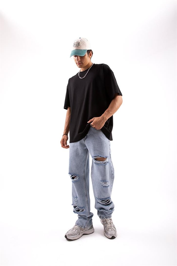 Ripped Detail Buz Mavi Baggy Jean