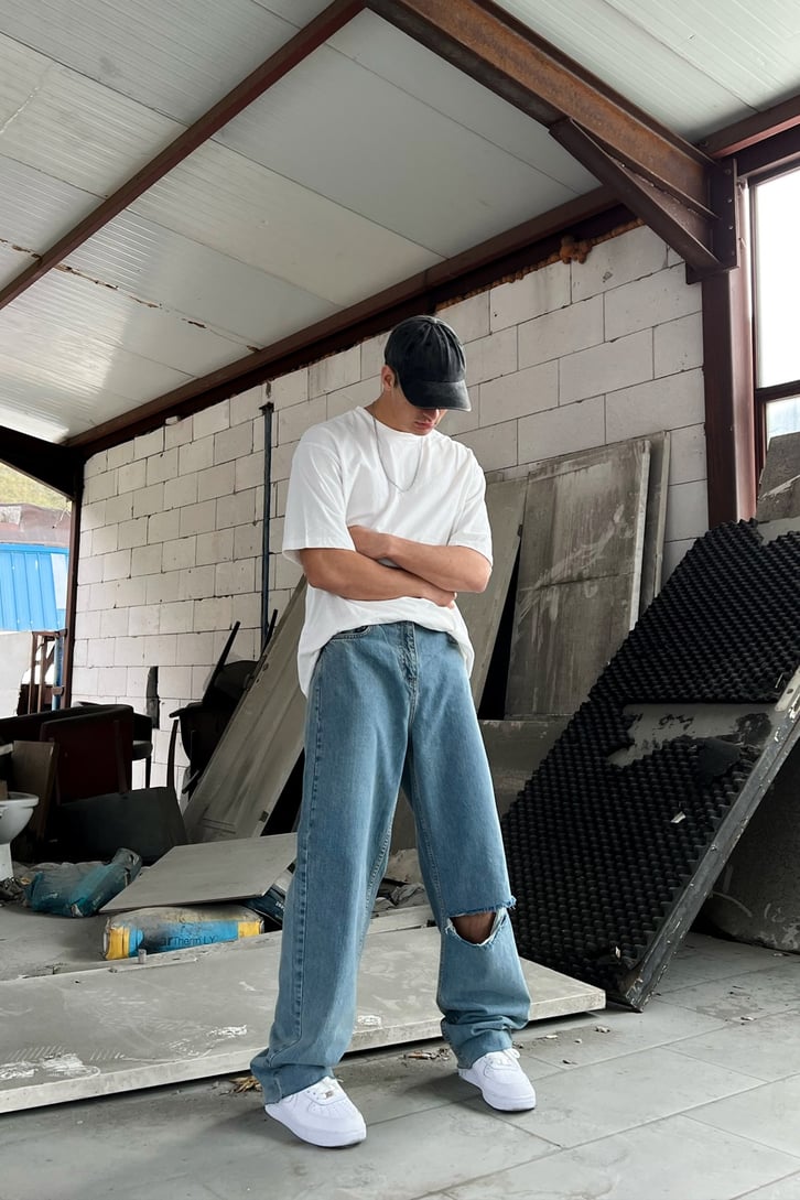 Ripped Detail Buz Mavi Baggy Jean