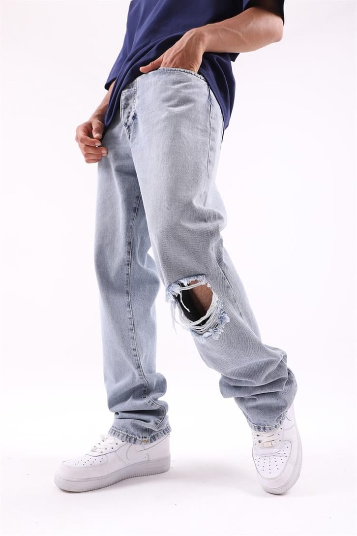 Ripped Detail Buz Mavi Baggy Jean