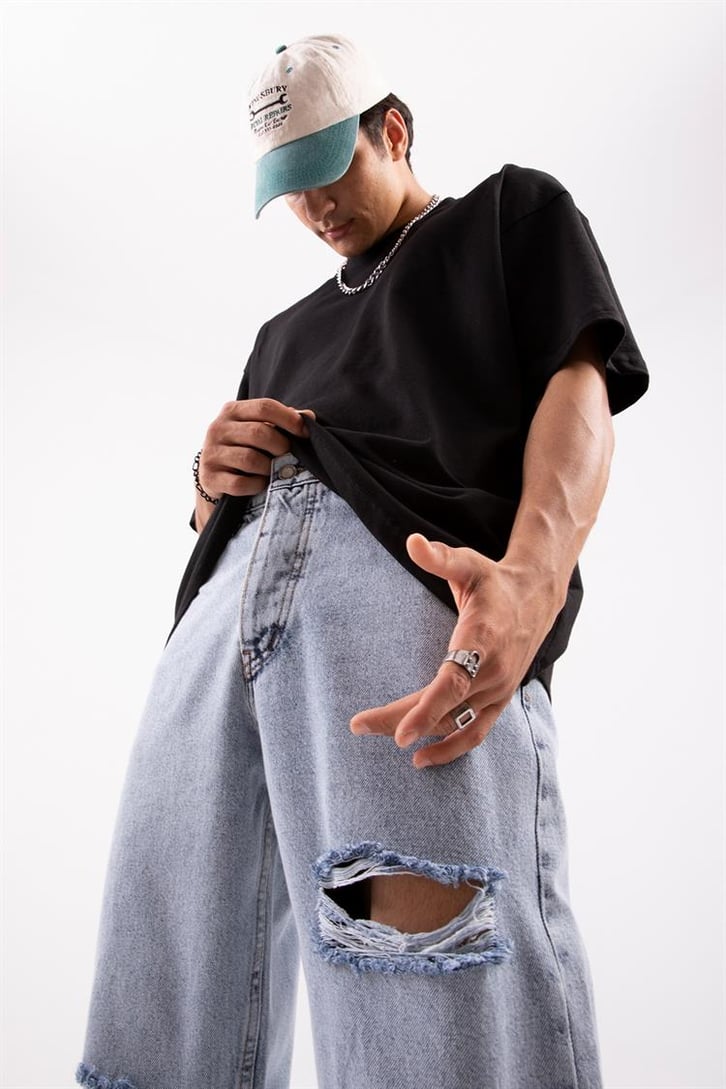 Ripped Detail Buz Mavi Baggy Jean