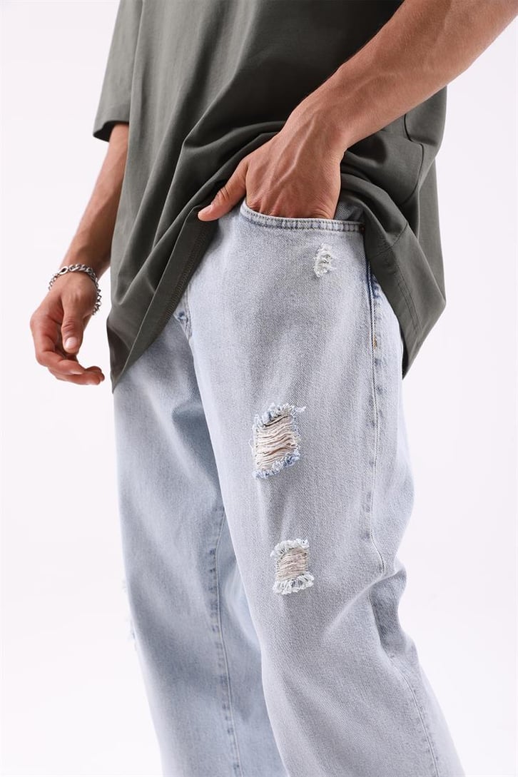 Ripped Detail Buz Mavi Baggy Jean