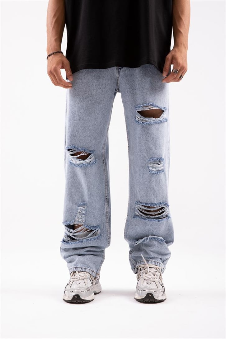 Ripped Detail Buz Mavi Baggy Jean