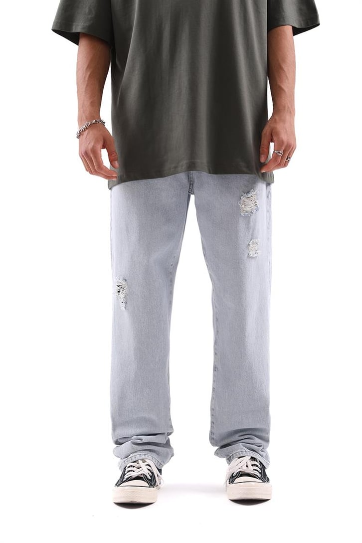 Ripped Detail Buz Mavi Baggy Jean