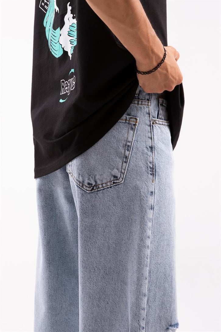 Ripped Detail Buz Mavi Baggy Jean