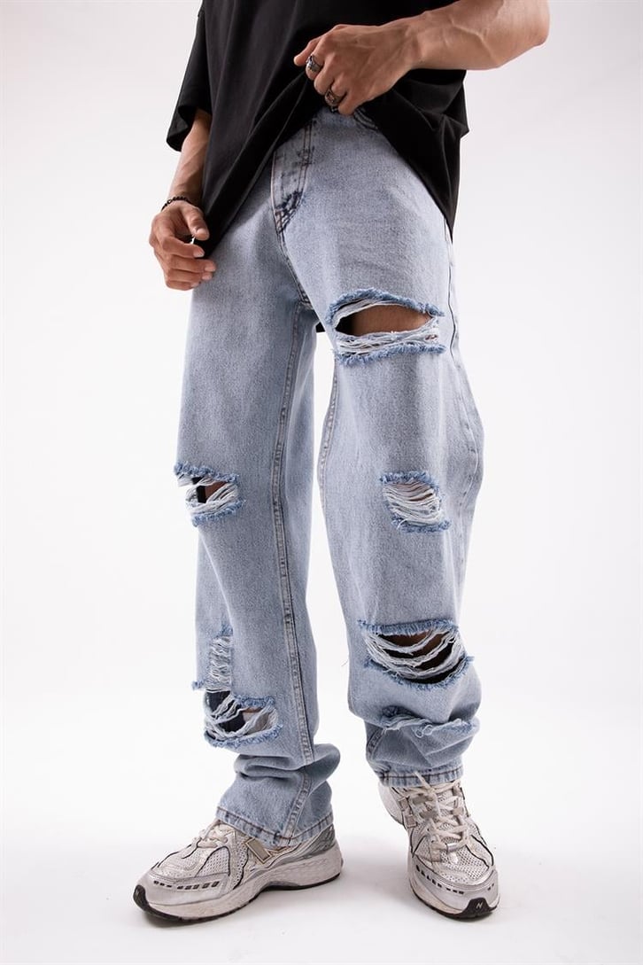 Ripped Detail Buz Mavi Baggy Jean