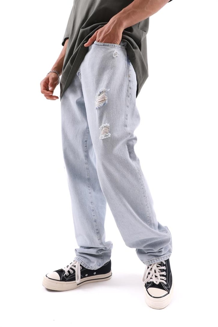 Ripped Detail Buz Mavi Baggy Jean
