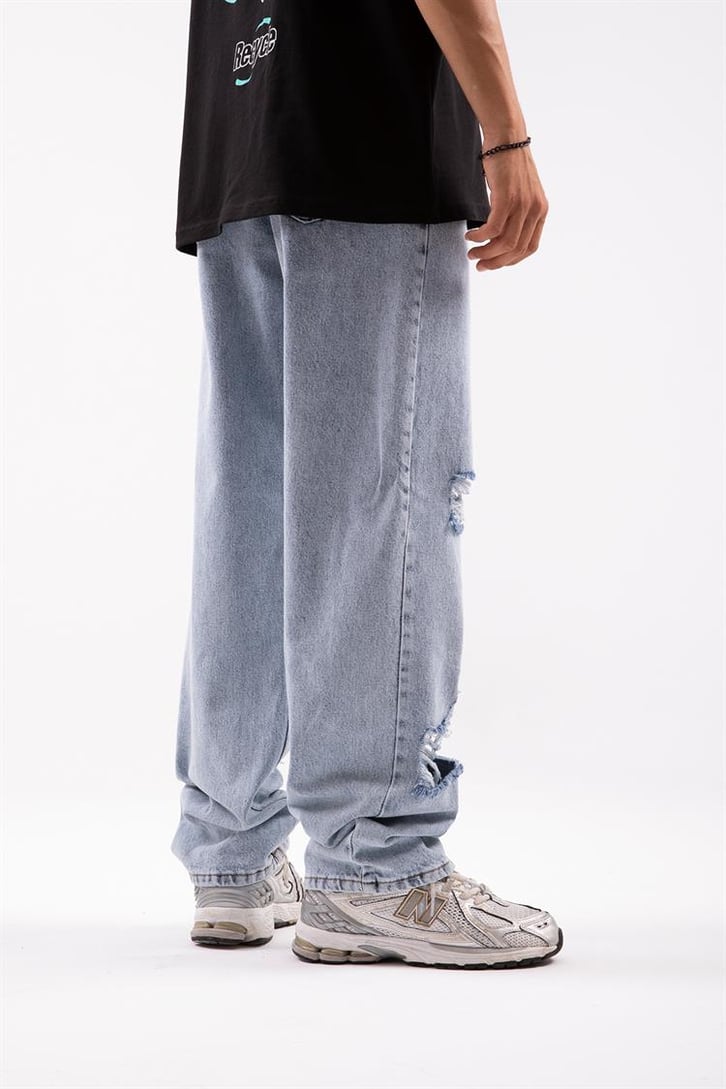 Ripped Detail Buz Mavi Baggy Jean