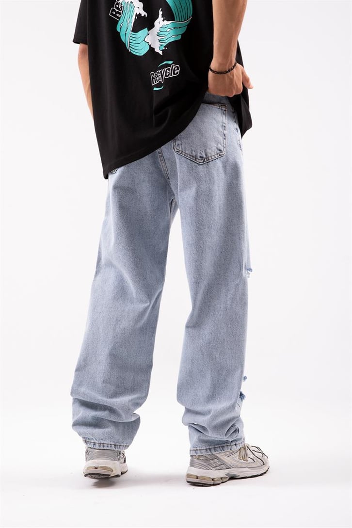 Ripped Detail Buz Mavi Baggy Jean
