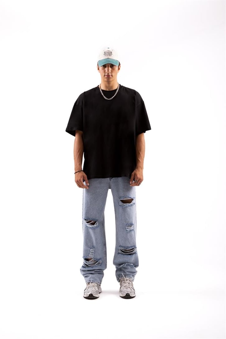 Ripped Detail Buz Mavi Baggy Jean