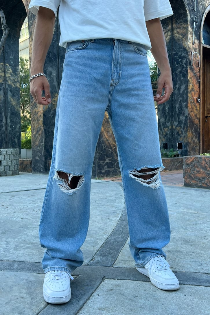 Ripped Detail Buz Mavi Baggy Jean