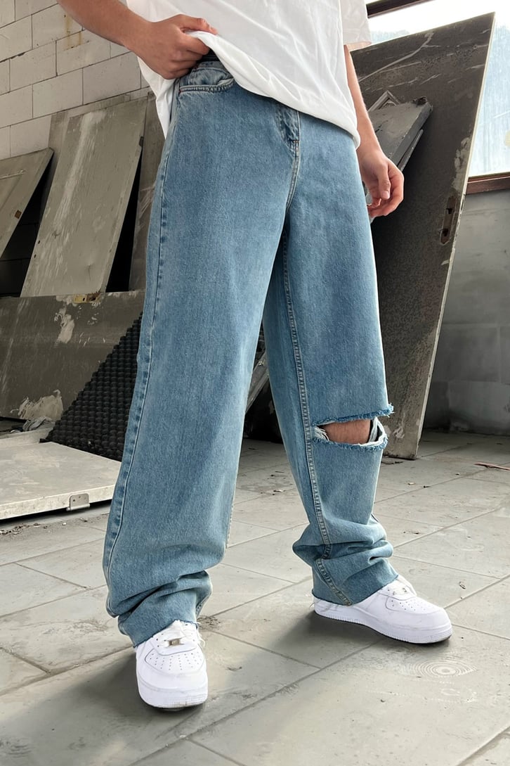 Ripped Detail Buz Mavi Baggy Jean