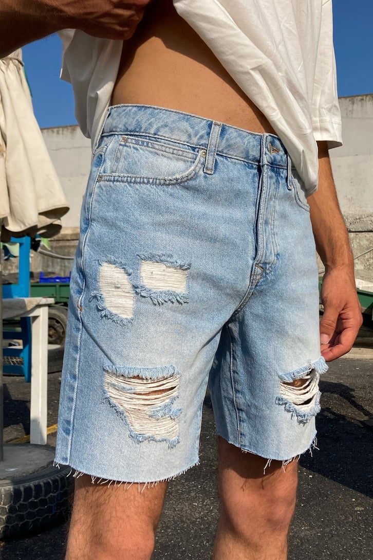 Ripped Detail Buz Mavi Kot Şort