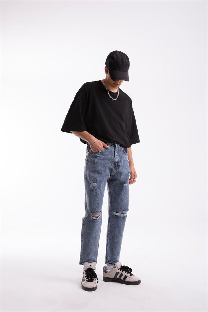 Ripped Detail Çift Renkli Regular Fit Jean