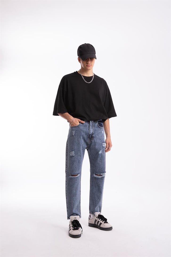Ripped Detail Çift Renkli Regular Fit Jean
