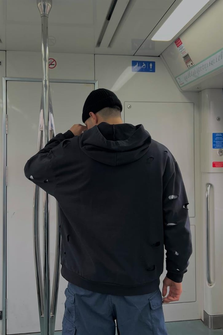 Ripped Detail Füme Oversize Hoodie