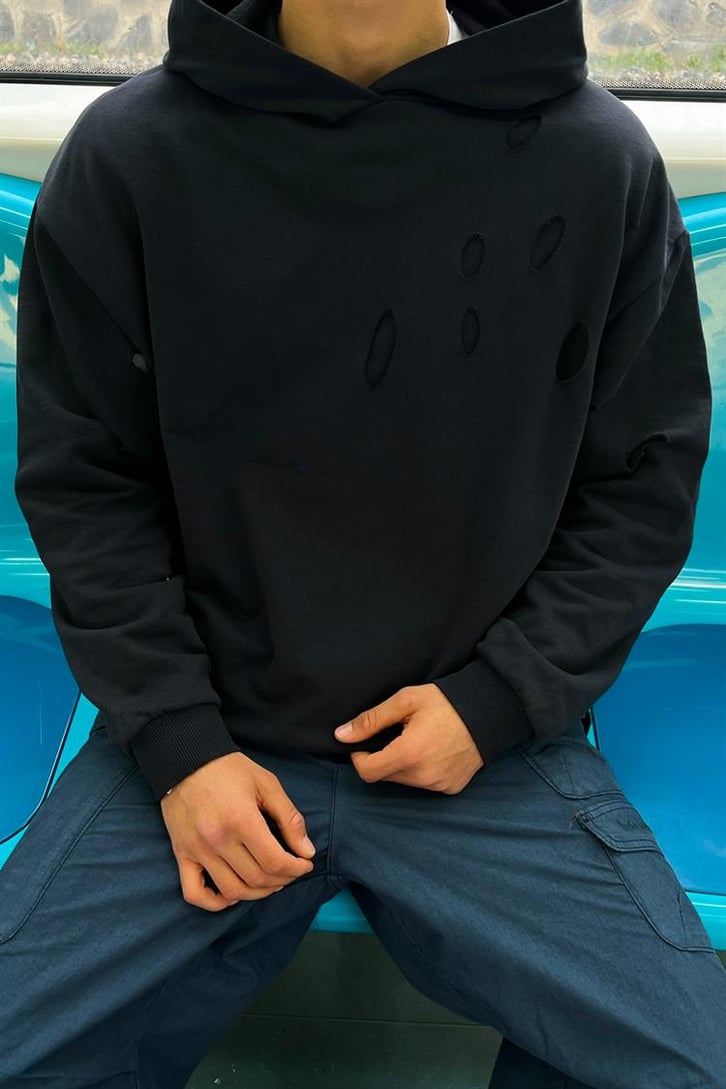 Ripped Detail Füme Oversize Hoodie