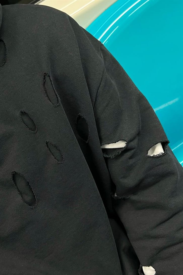 Ripped Detail Füme Oversize Hoodie