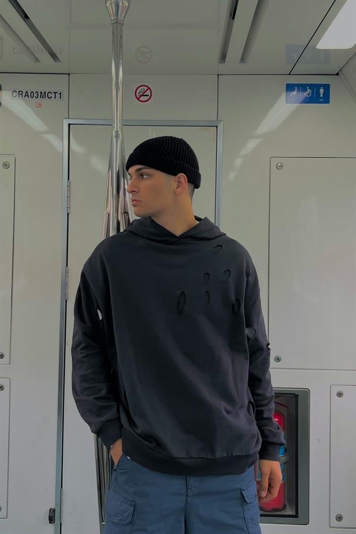 Ripped Detail Füme Oversize Hoodie