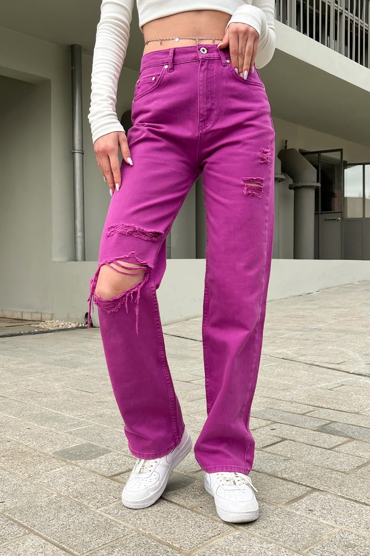 Ripped Detail Fuşya Baggy Jean