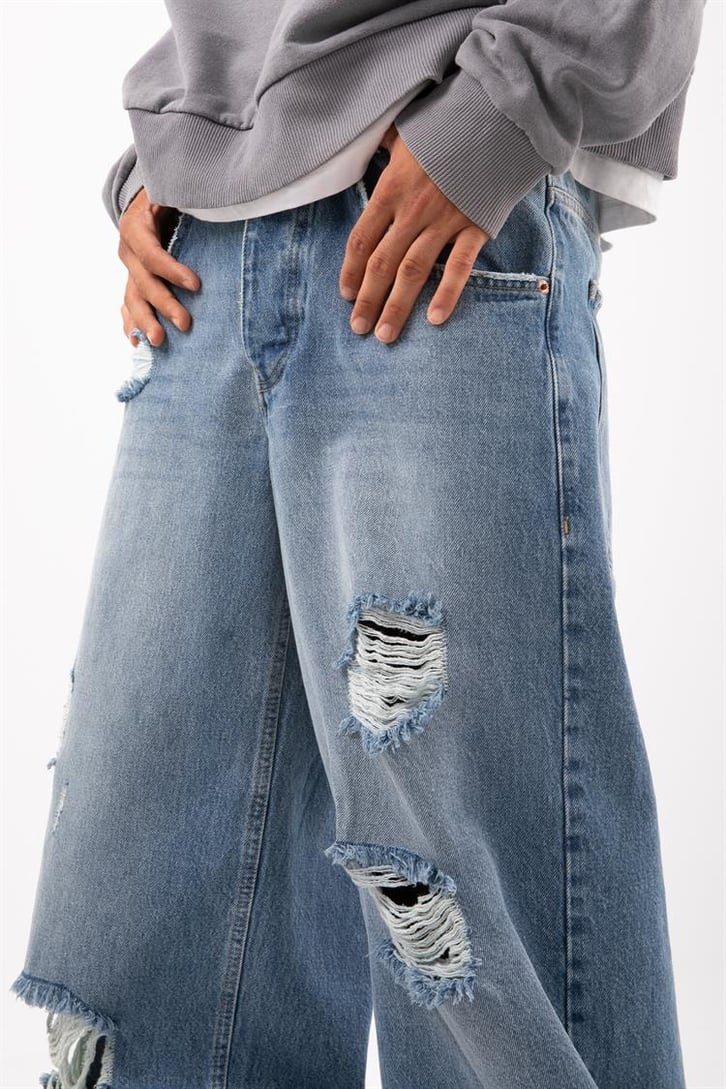 Ripped Detail Koyu Mavi Baggy Jean