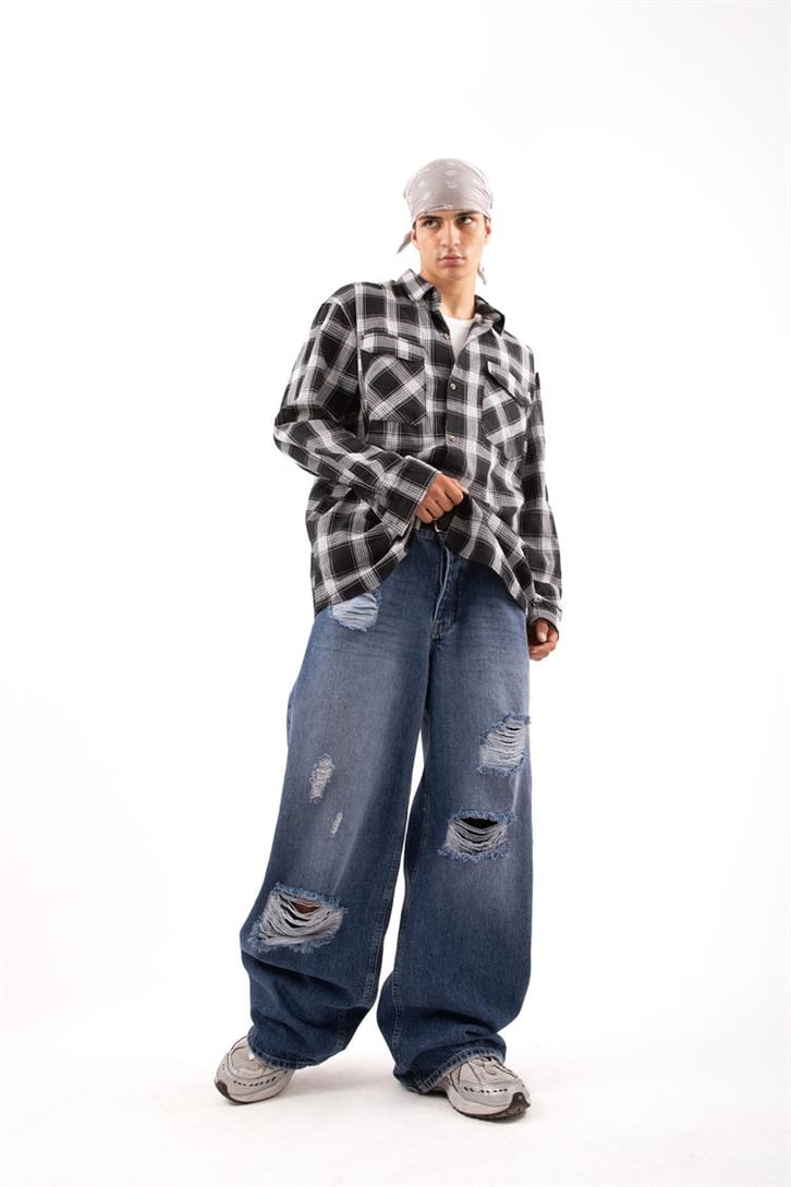 Ripped Detail Koyu Mavi Baggy Jean