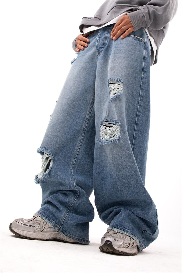 Ripped Detail Koyu Mavi Baggy Jean