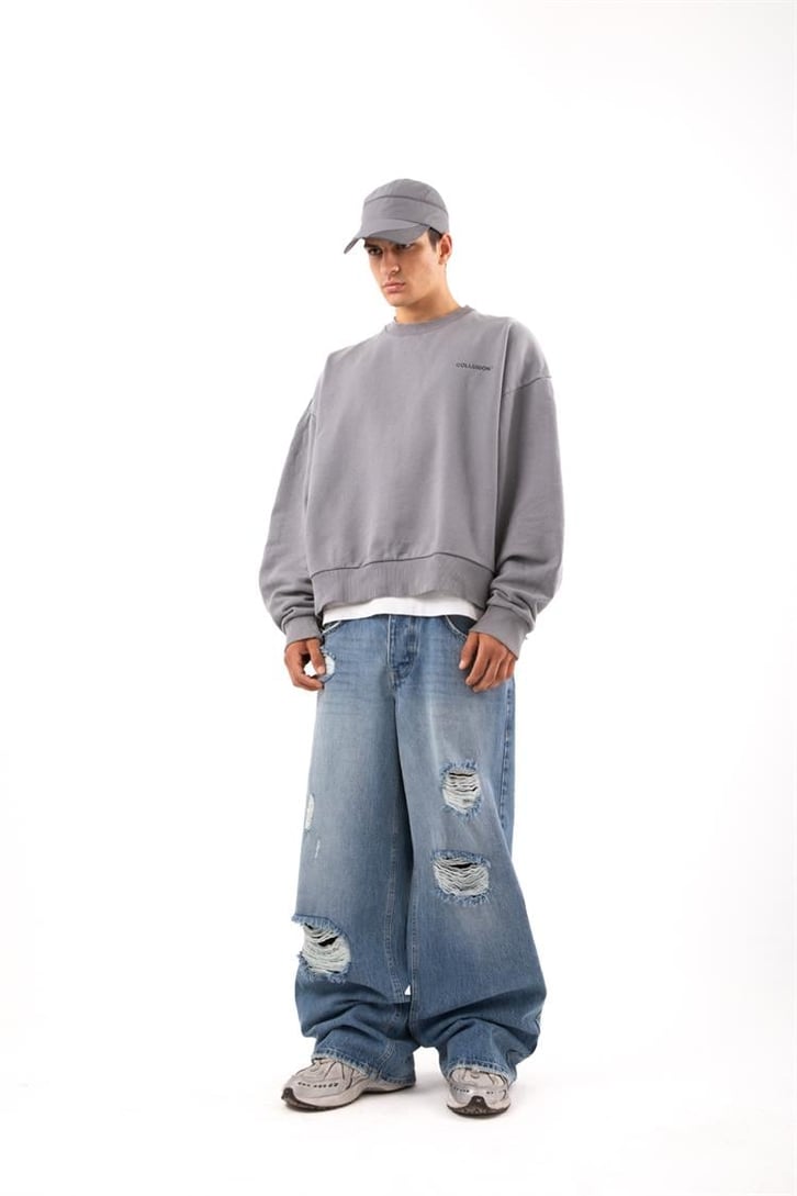 Ripped Detail Koyu Mavi Baggy Jean