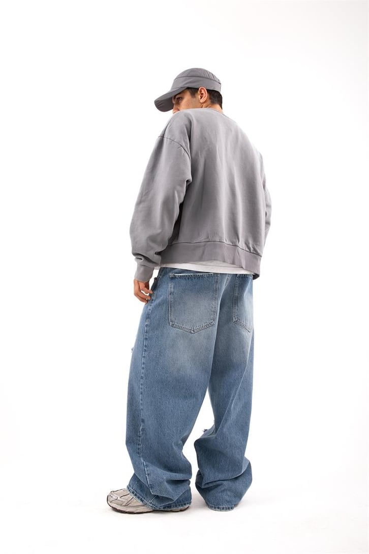 Ripped Detail Koyu Mavi Baggy Jean