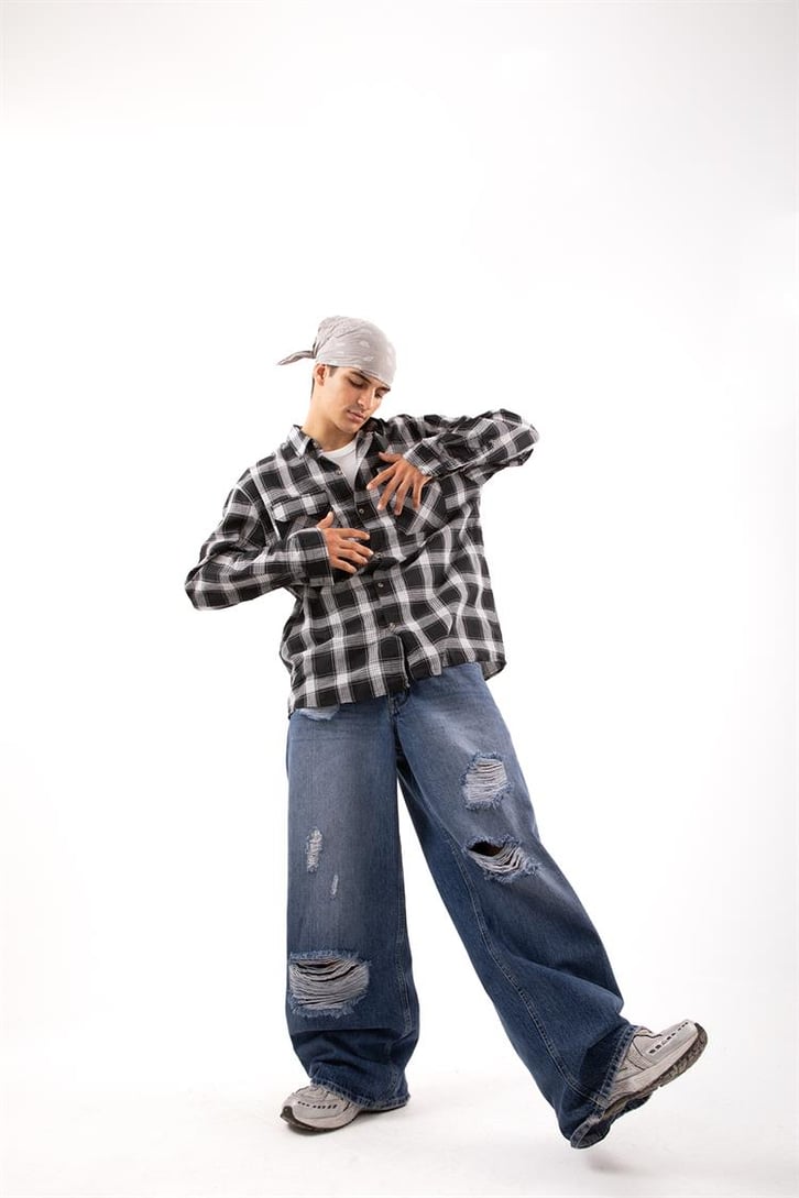 Ripped Detail Koyu Mavi Baggy Jean