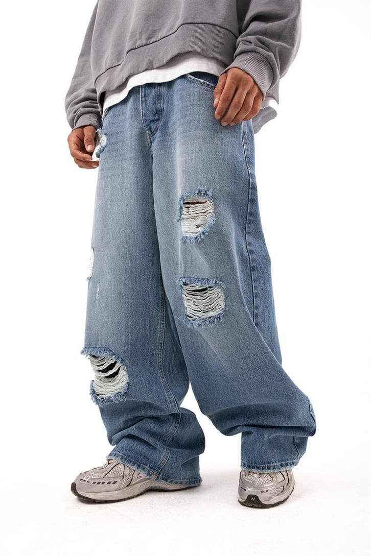 Ripped Detail Koyu Mavi Baggy Jean