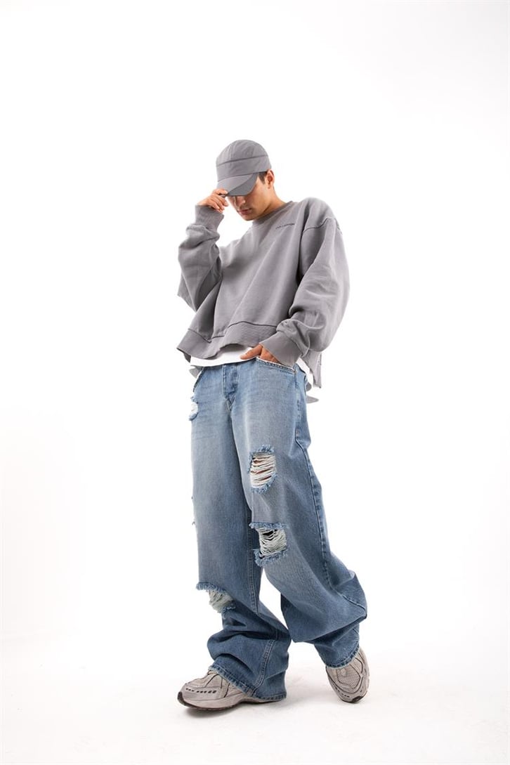 Ripped Detail Koyu Mavi Baggy Jean