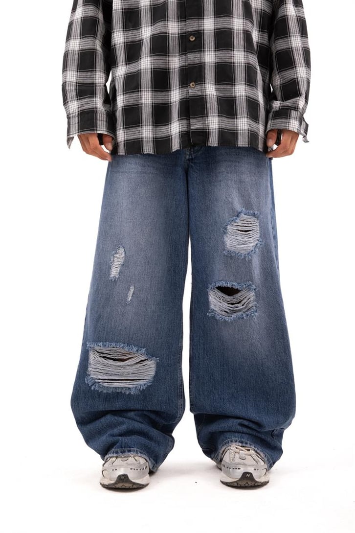 Ripped Detail Koyu Mavi Baggy Jean