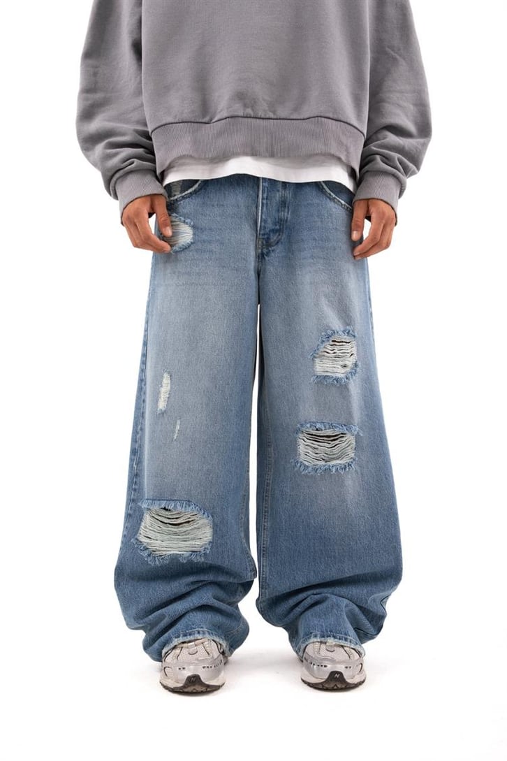 Ripped Detail Koyu Mavi Baggy Jean